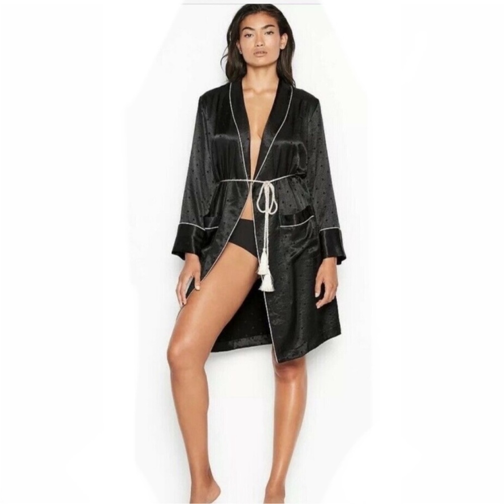 Victoria’s Secret Limited Edition Black Polka Dot Tassel-Tie Satin Robe Sz L